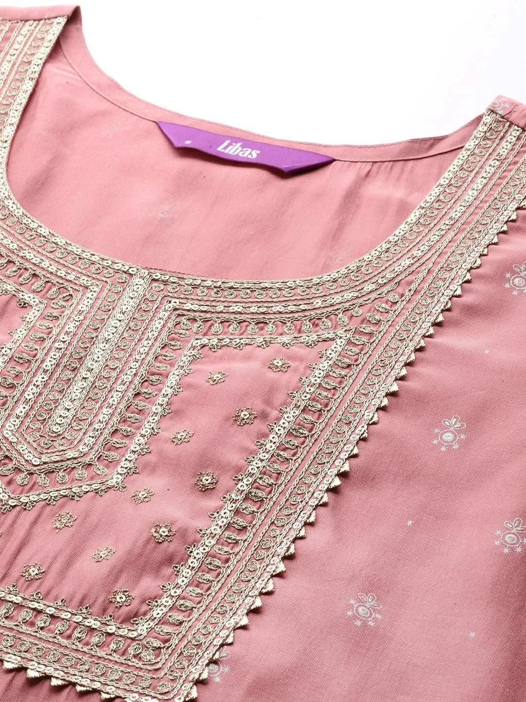 Pink Printed Silk Blend Straight Kurta With Trousers & Dupatta - Libas 
