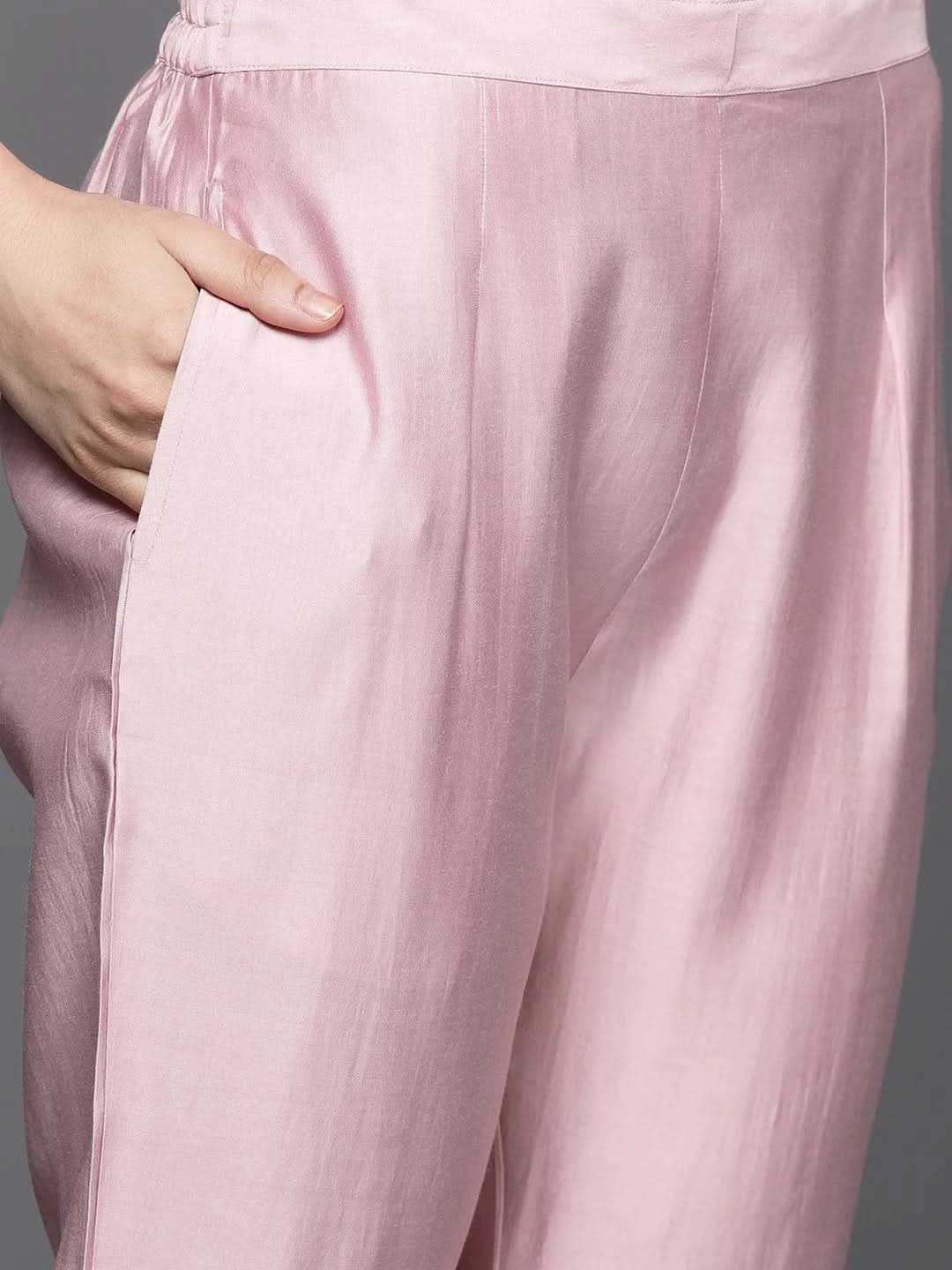 Pink Printed Silk Blend Straight Kurta With Trousers & Dupatta - Libas 