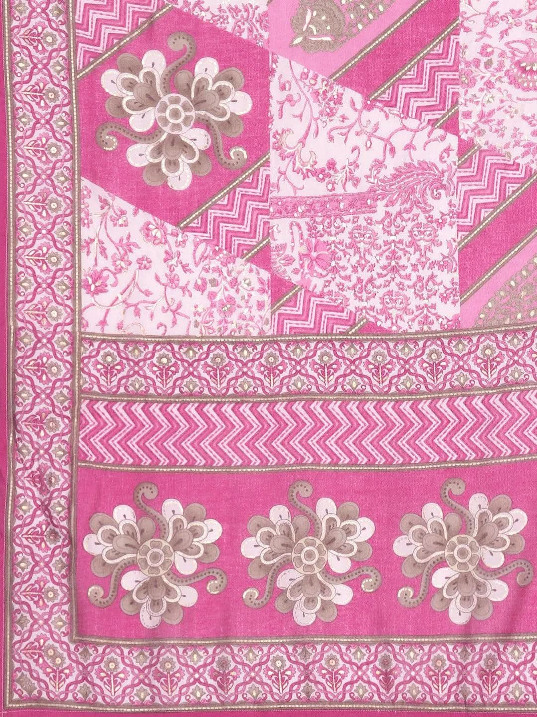 Pink Printed Silk Blend Straight Suit Set With Trousers - Libas 