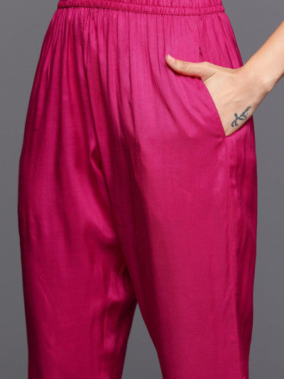 Pink Printed Silk Blend Straight Kurta With Trousers & Dupatta - Libas