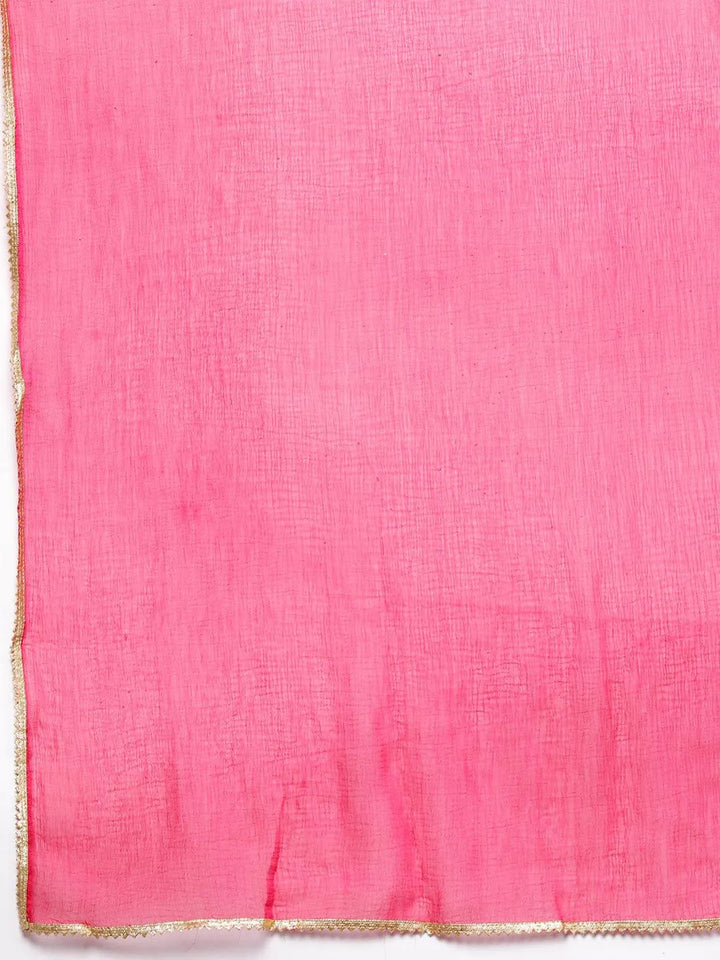 Pink Printed Silk Blend Straight Kurta With Trousers & Dupatta - Libas