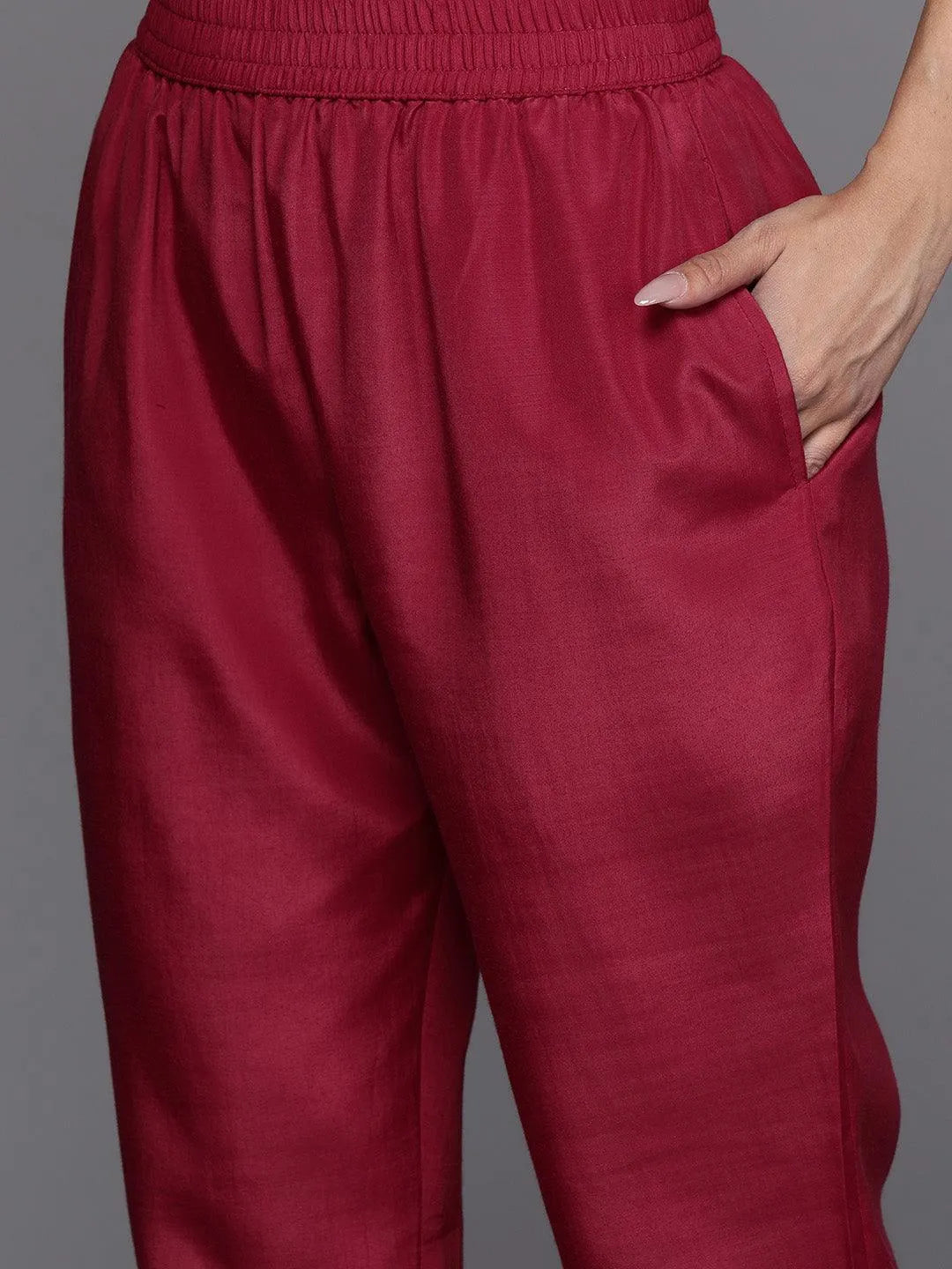 Pink Printed Silk Blend Straight Kurta With Trousers & Dupatta - Libas 