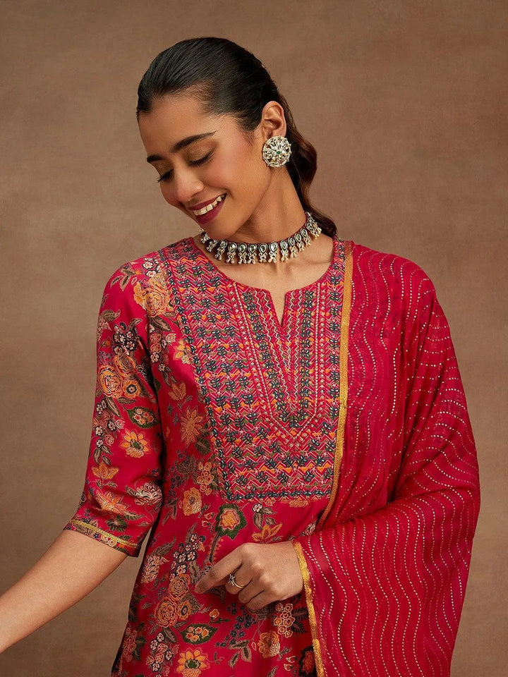 Pink Printed Silk Blend Straight Kurta With Trousers & Dupatta - Libas