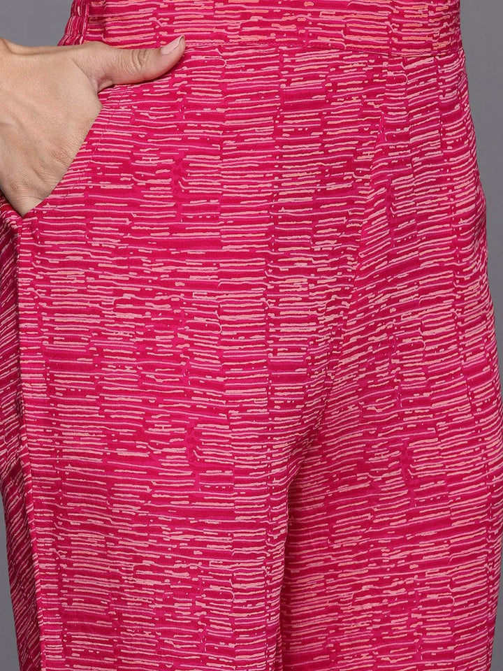 Pink Printed Silk Blend Straight Kurta With Trousers & Dupatta - Libas