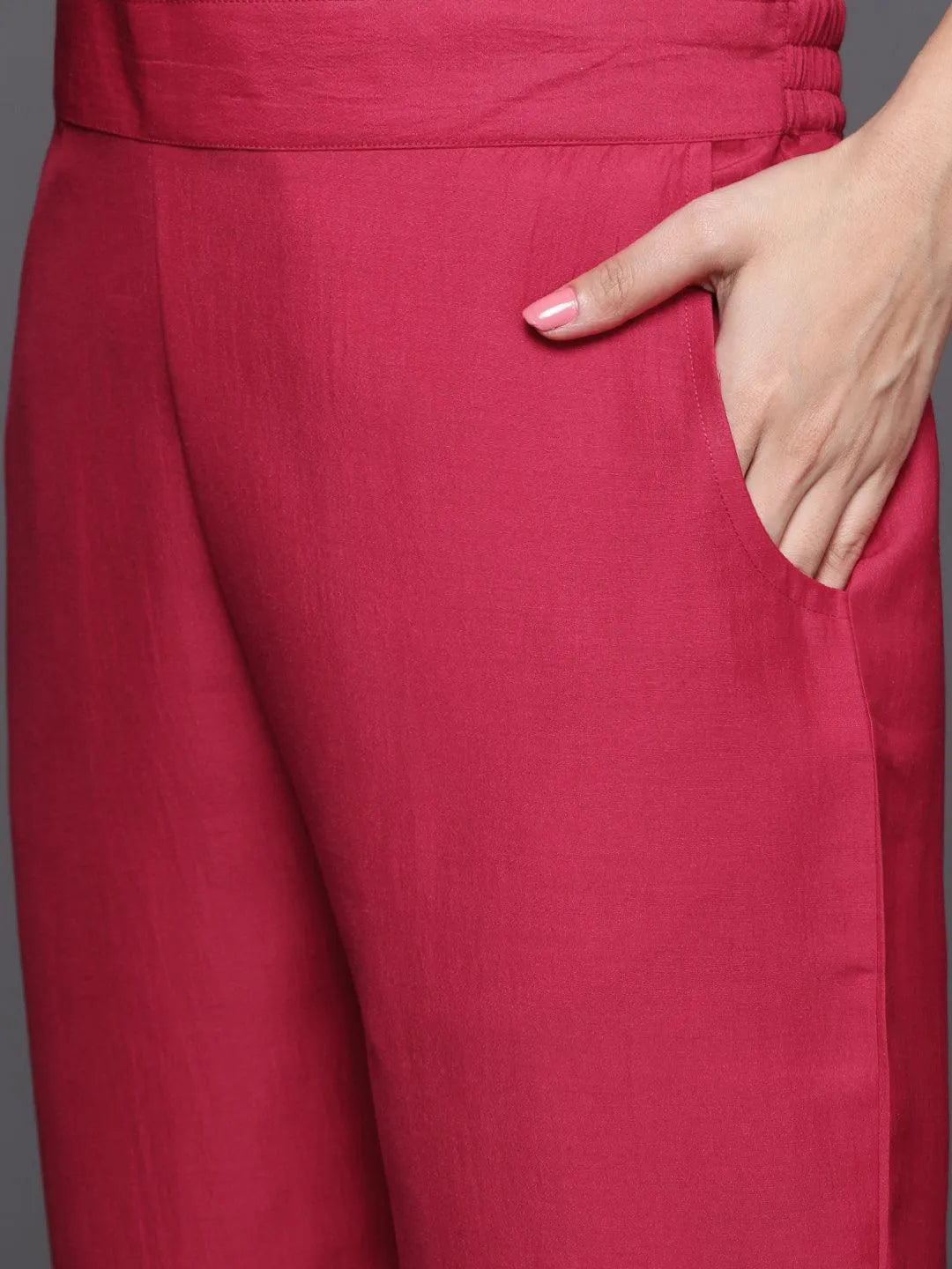 Pink Printed Silk Blend Straight Kurta With Trousers & Dupatta - Libas 