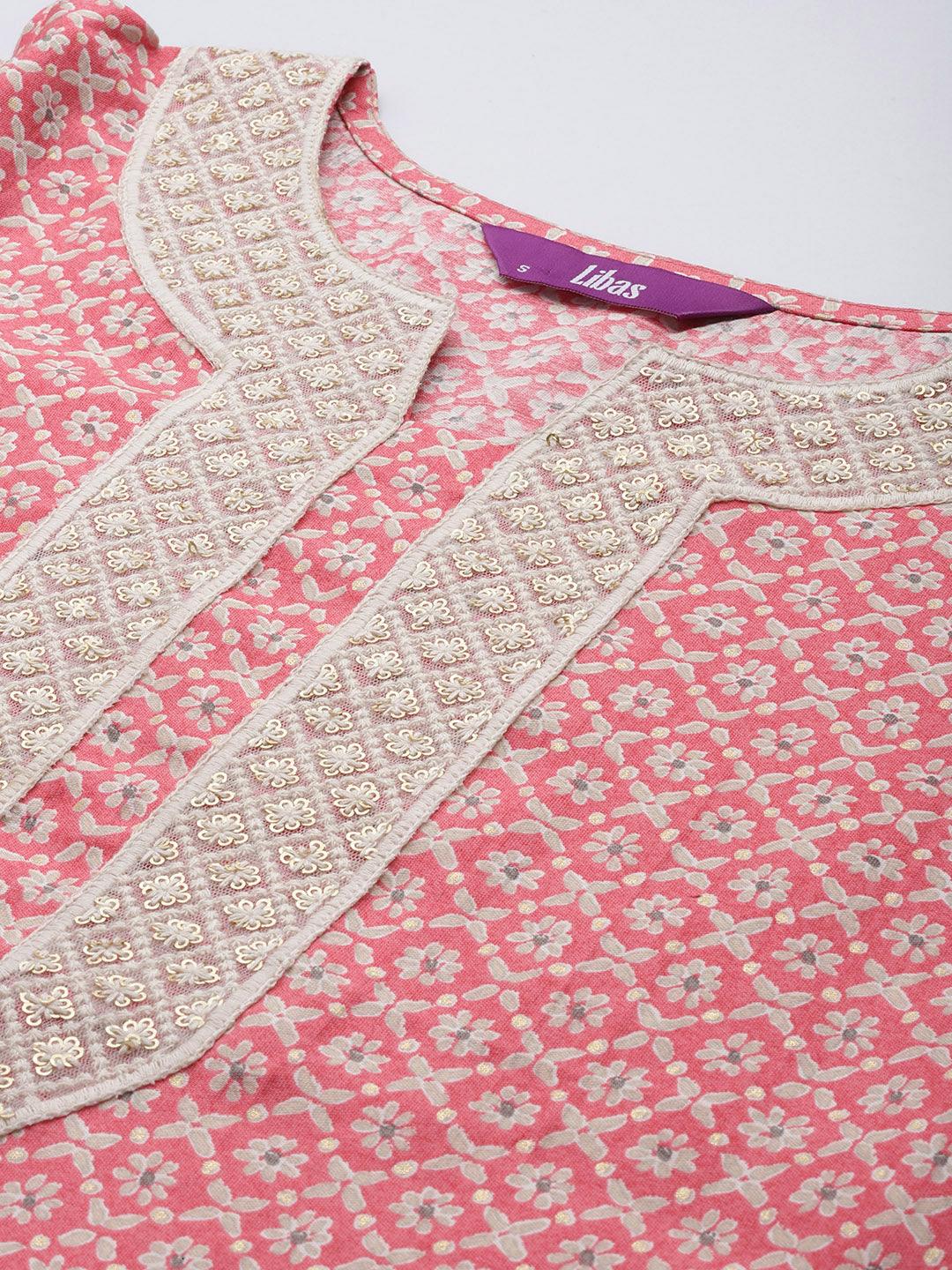 Pink Printed Silk Blend Straight Suit Set - Libas