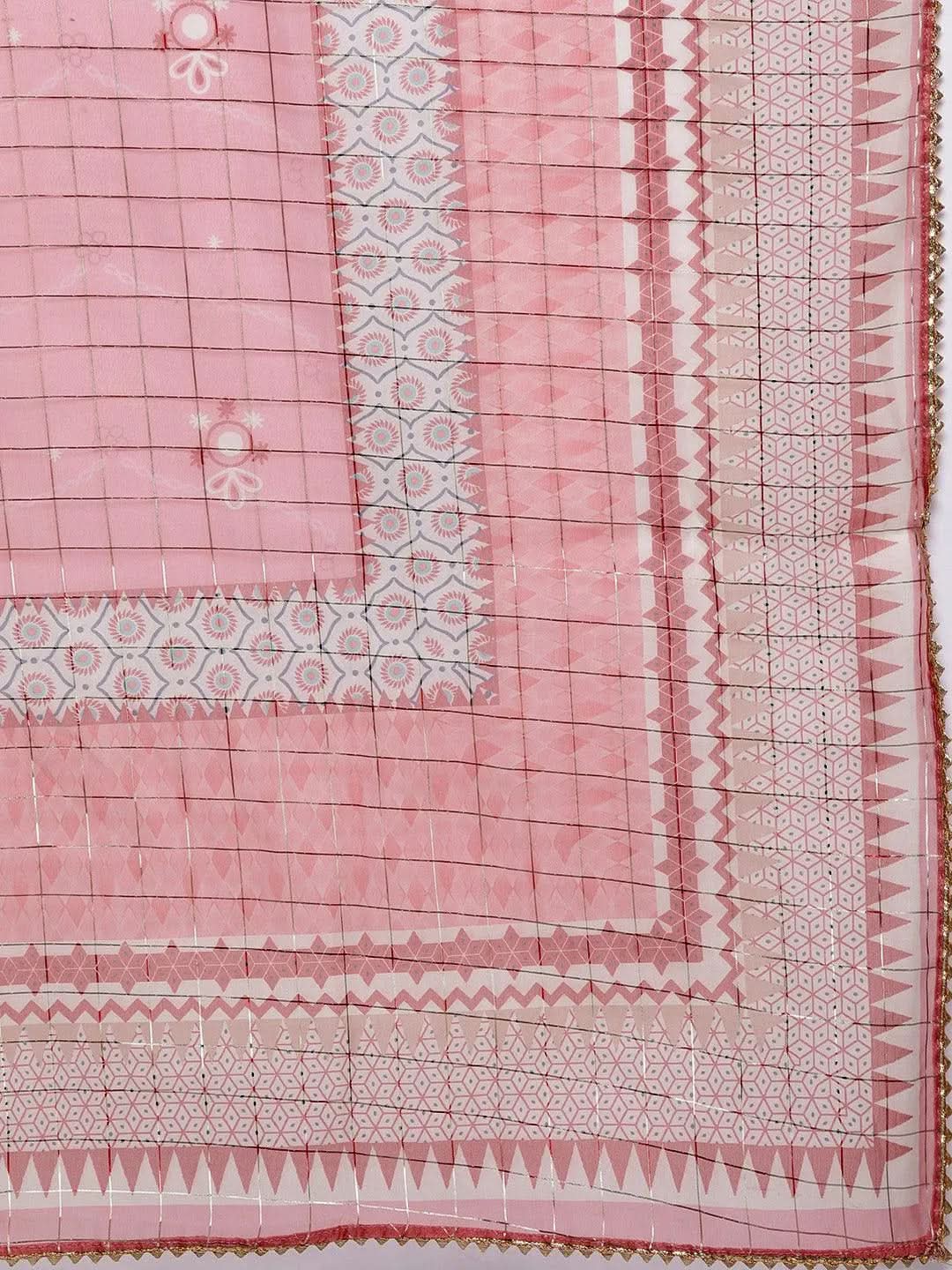 Pink Printed Silk Blend Straight Kurta With Trousers & Dupatta - Libas 