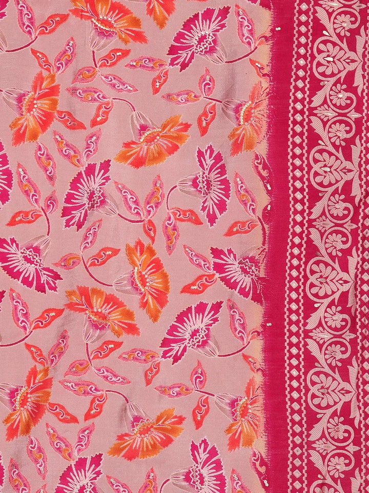 Pink Printed Silk Blend Straight Kurta With Trousers & Dupatta - Libas