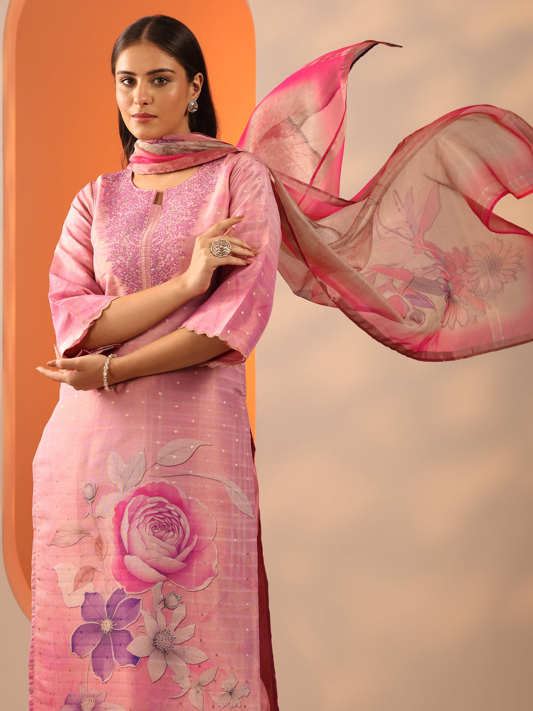  Pink Printed Silk Blend Straight Suit Set With Dupatta 