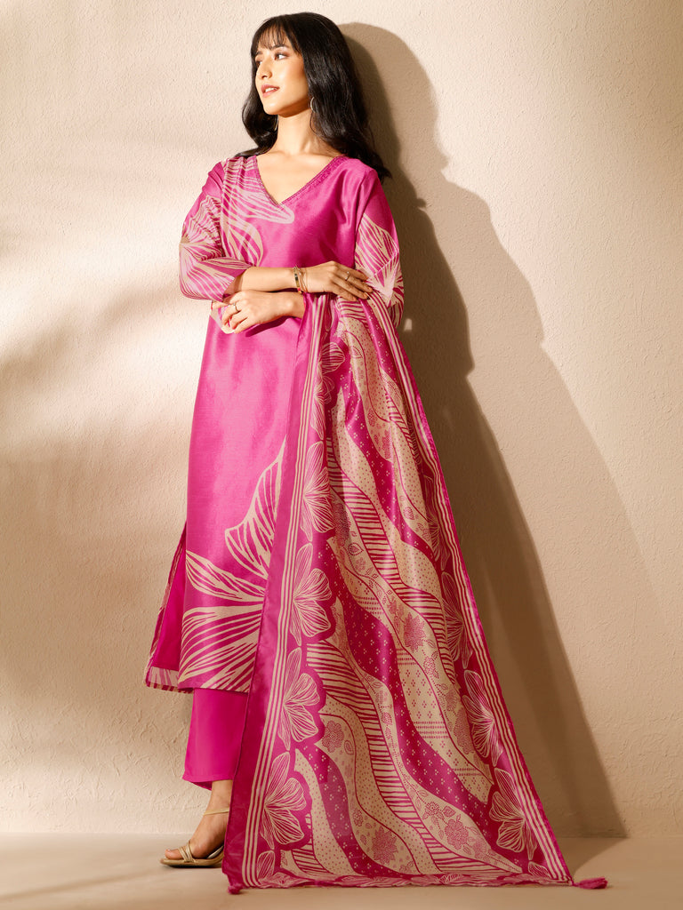 Libas Pink Printed Silk Blend Straight Suit Set With Dupatta