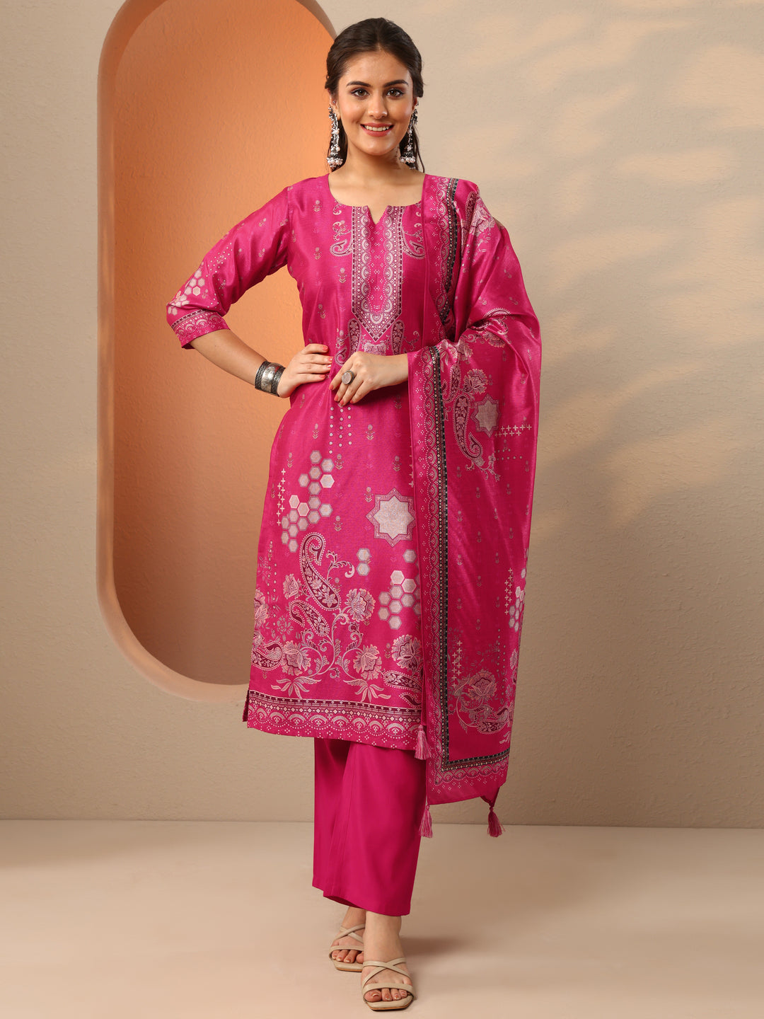 Pink Printed Silk Blend Straight Suit Set With Dupatta