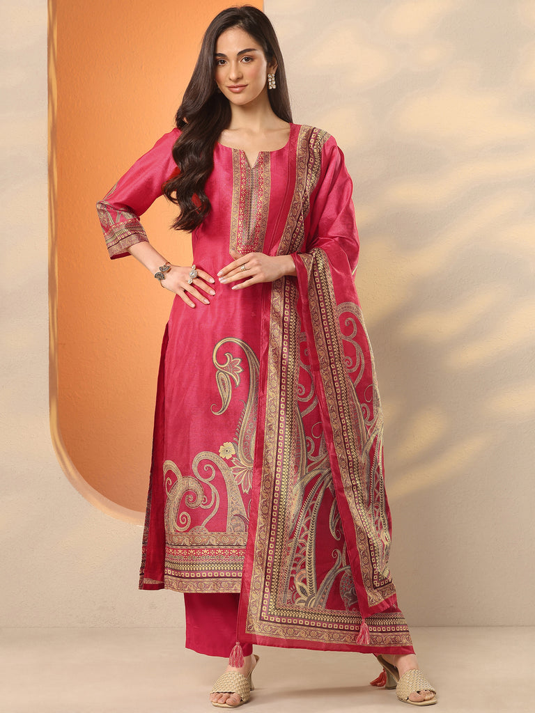 Libas Pink Printed Silk Blend Straight Suit Set With Dupatta