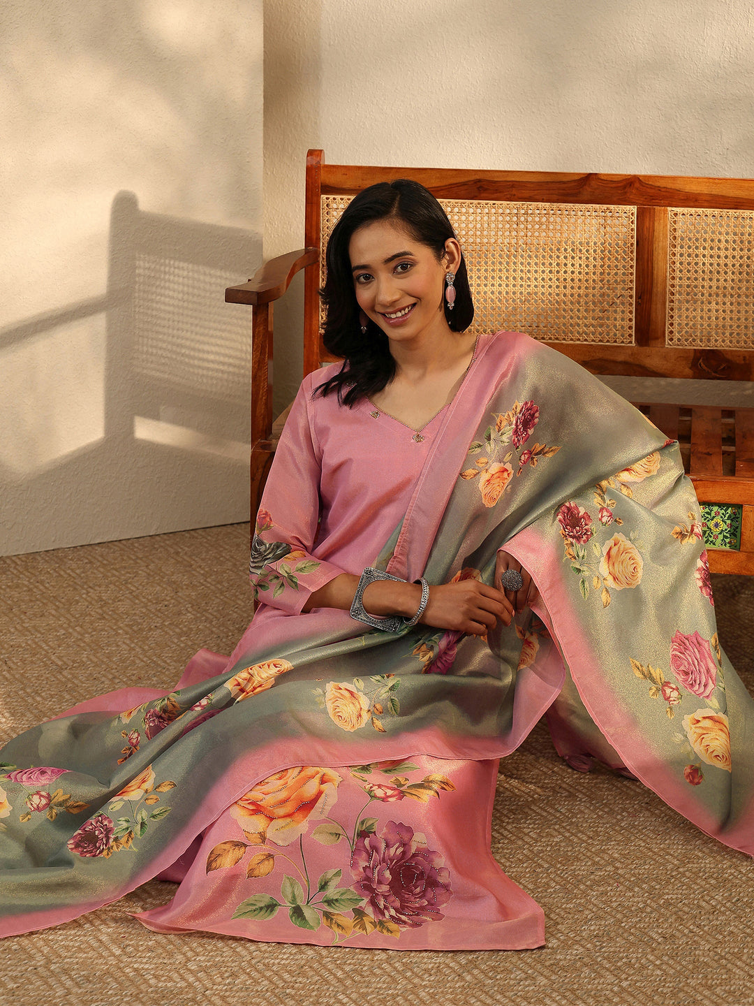  Pink Printed Silk Blend Straight Suit Set With Dupatta 