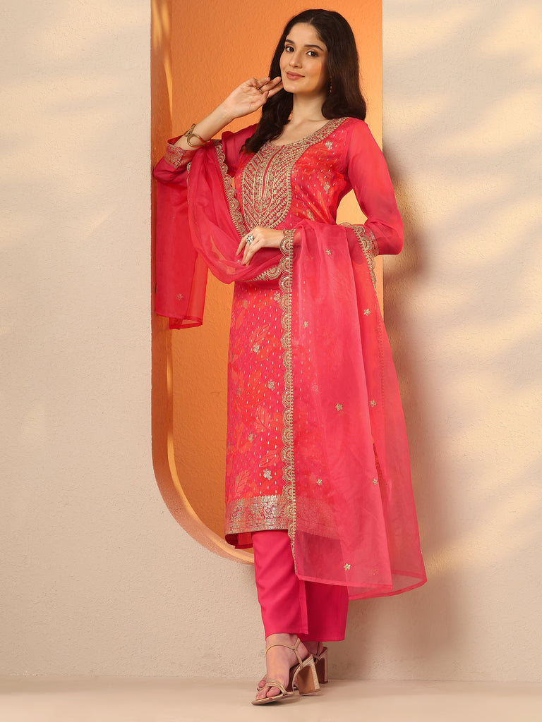 Libas Pink Printed Silk Blend Straight Suit Set With Dupatta