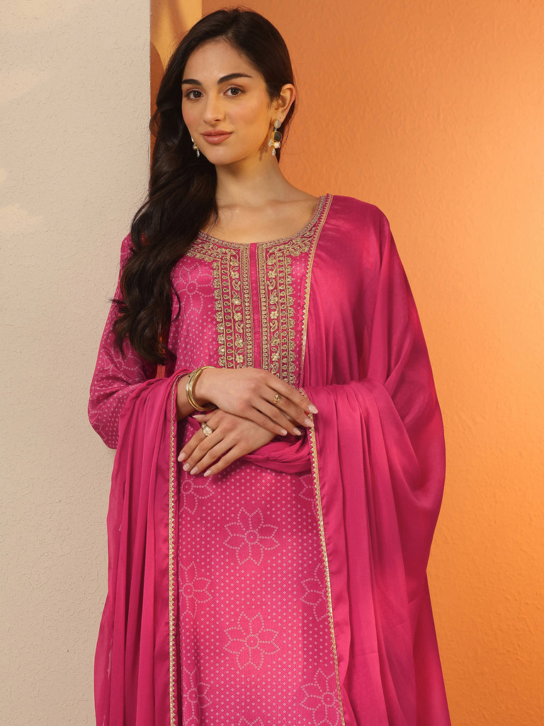 Libas Pink Printed Silk Blend Straight Suit Set With Dupatta