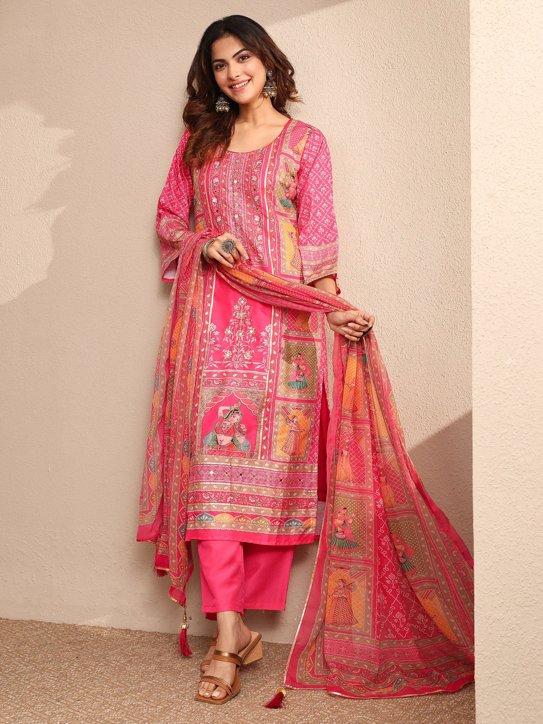 Pink Printed Silk blend Straight Suit Set With Dupatta