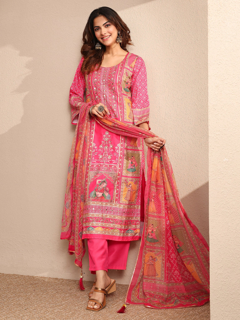 Libas Pink Printed Silk blend Straight Suit Set With Dupatta