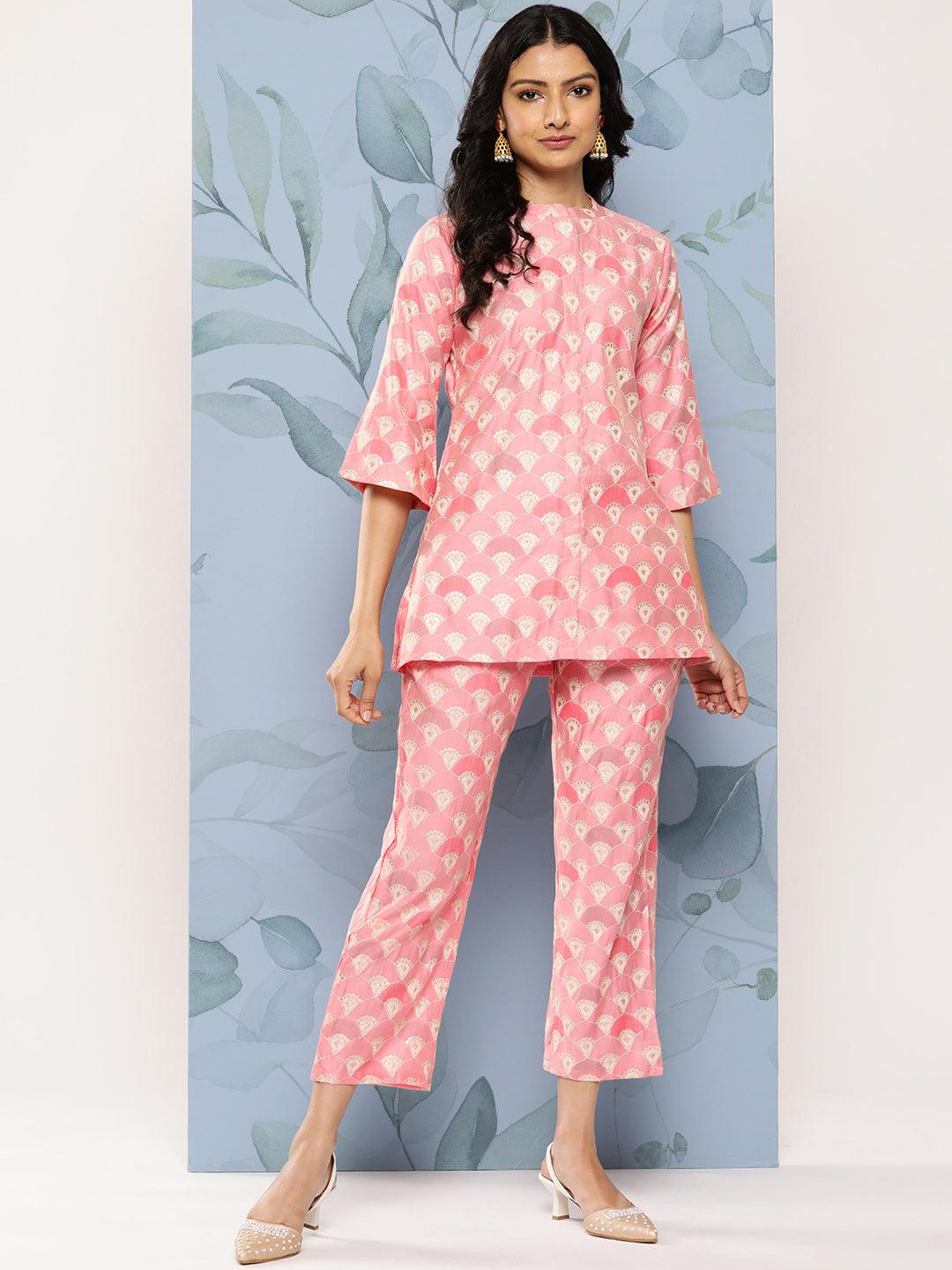Pink Printed Silk Blend Top Tunic With Trousers
