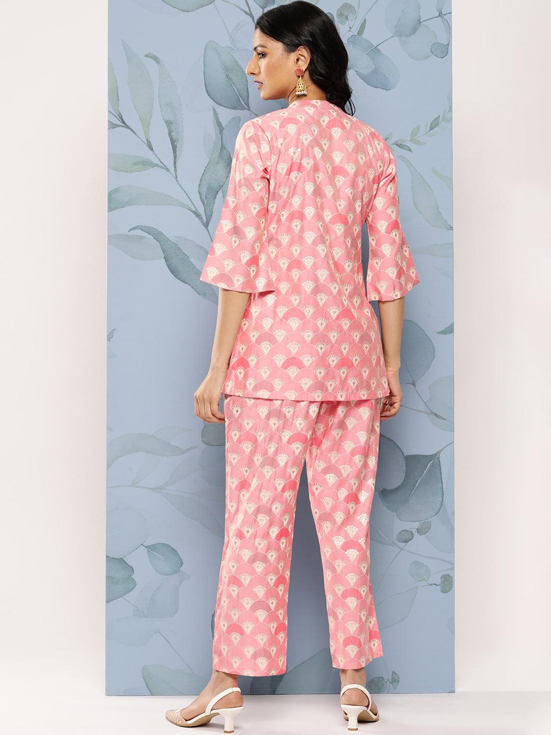 Pink Printed Silk Blend Top Tunic With Trousers