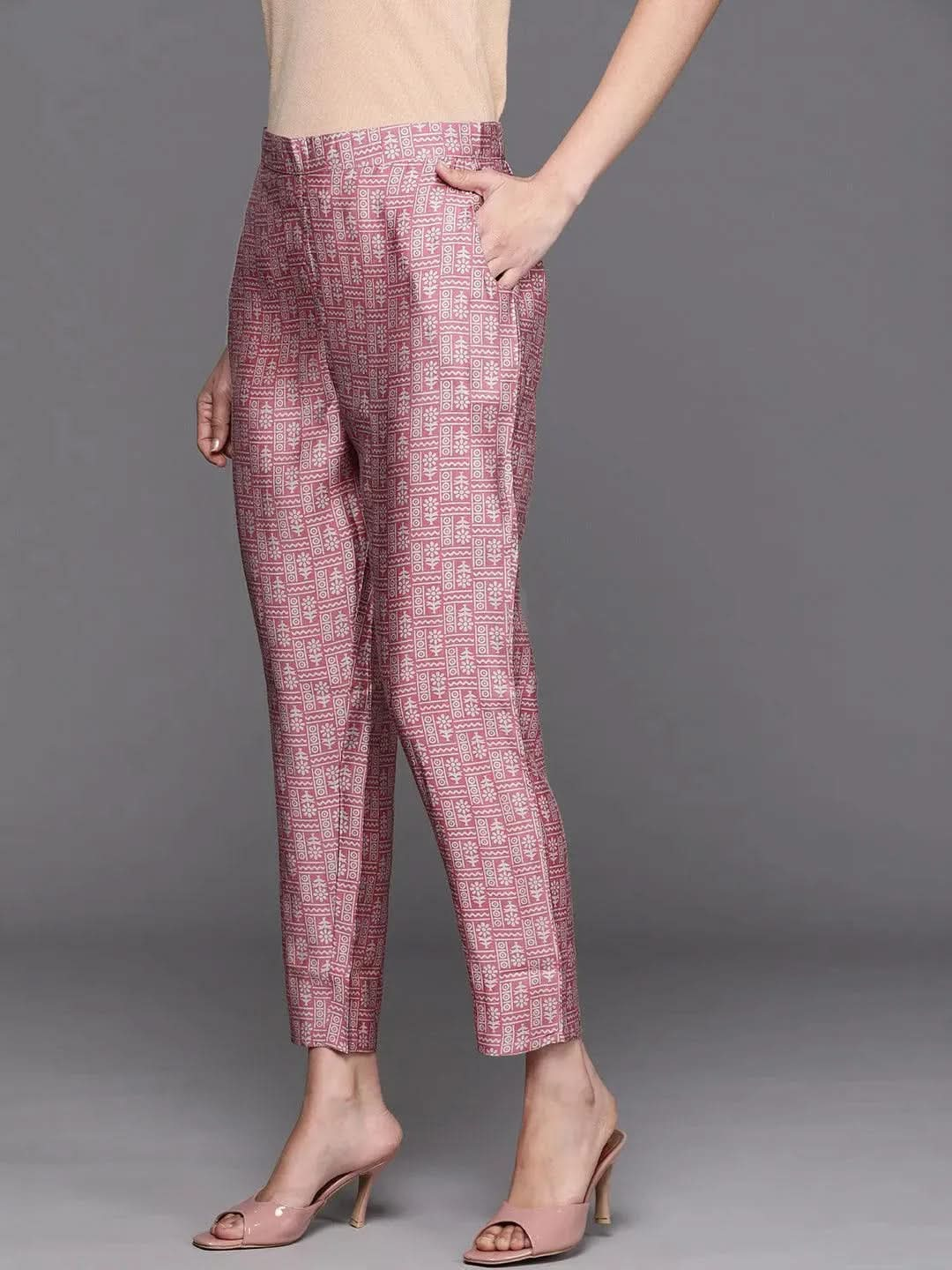 Pink Printed Silk Blend Trousers - Libas