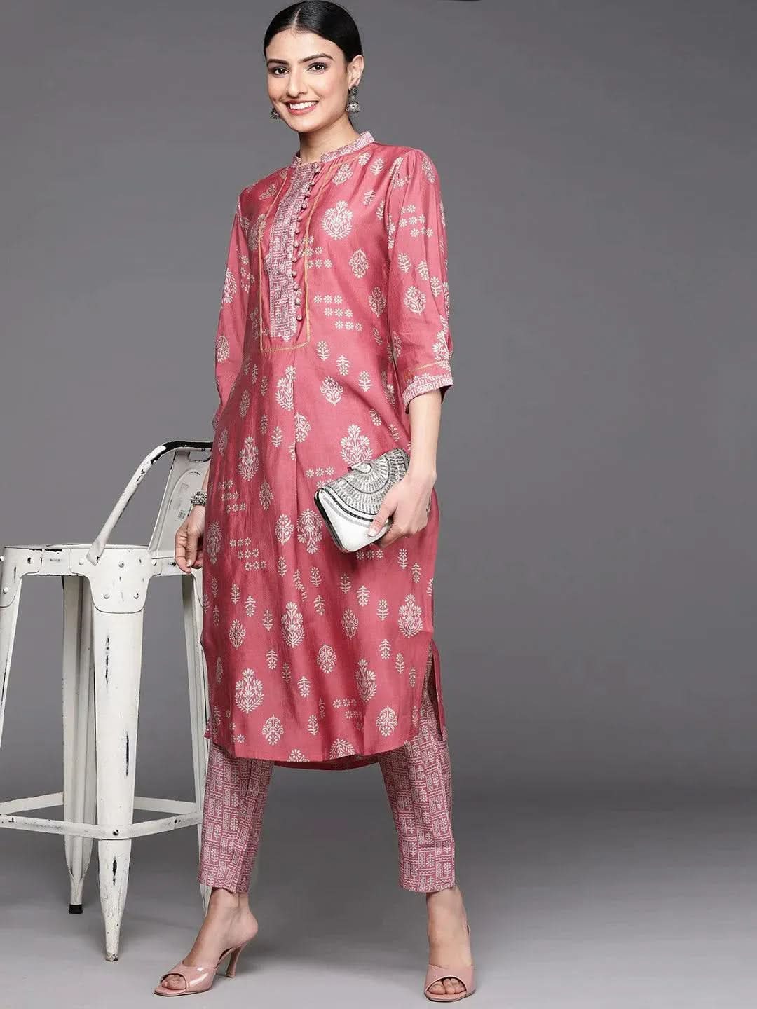 Pink Printed Silk Blend Trousers - Libas 
