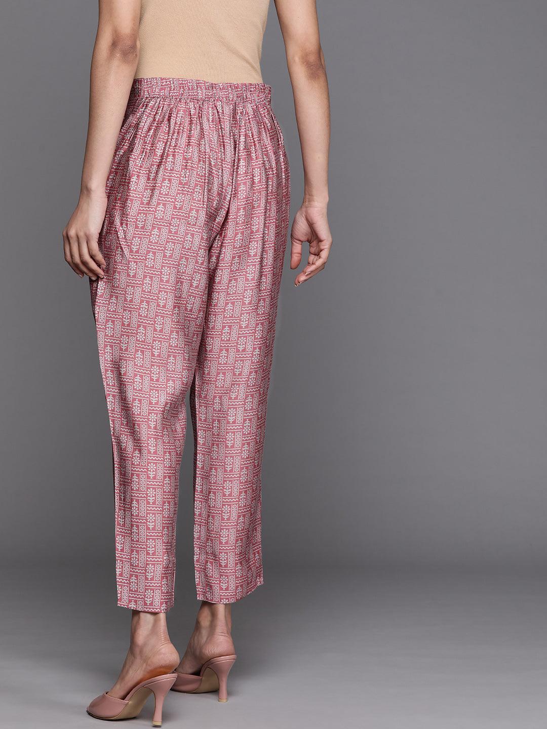Pink Printed Silk Blend Trousers