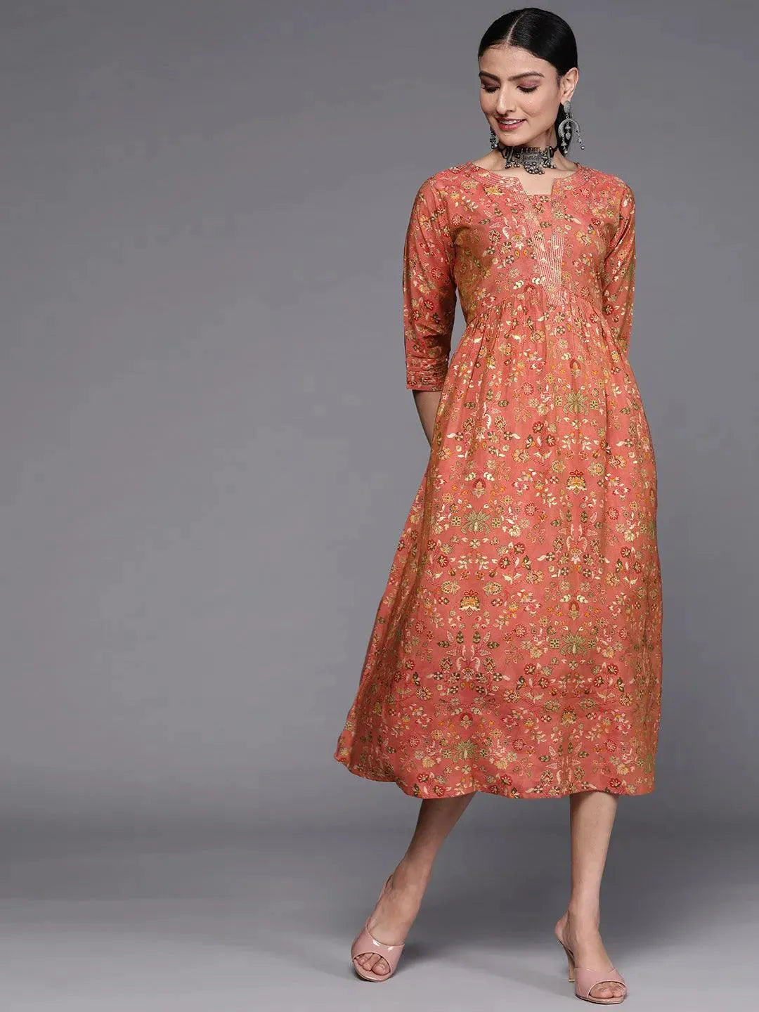 Pink Printed Silk Dress - Libas