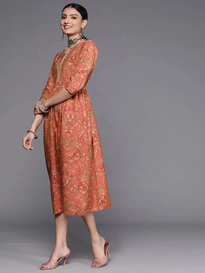 Pink Printed Silk Dress - Libas