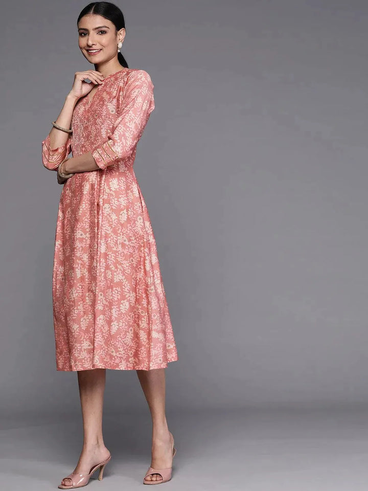 Pink Printed Silk Dress - Libas