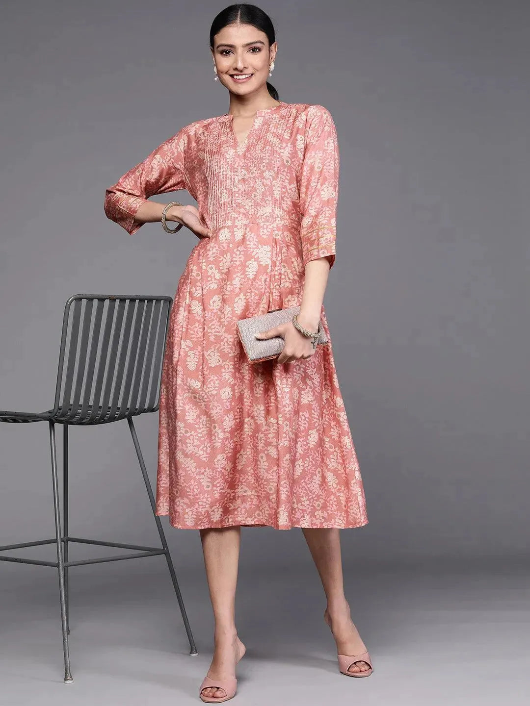 Pink Printed Silk Dress - Libas 