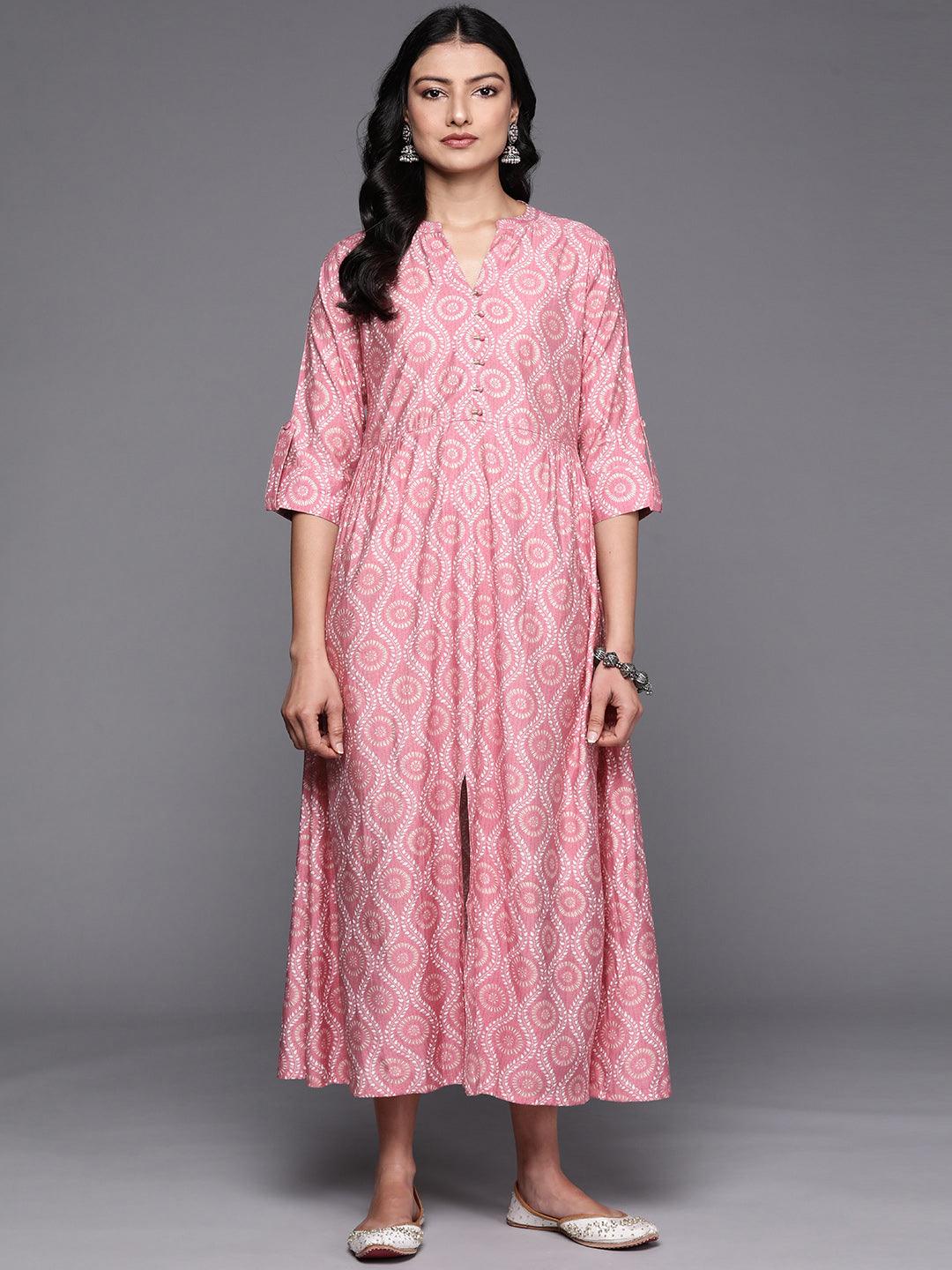 Pink Printed Silk Fit and Flare Dress