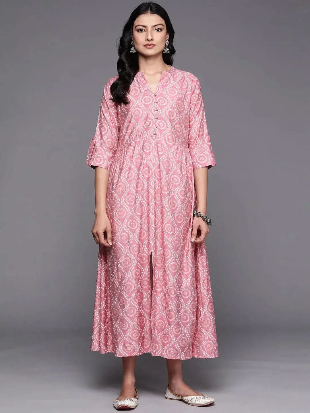

Pink Printed Silk Fit and Flare Dress