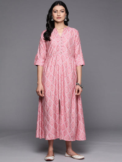 Pink Printed Silk Fit and Flare Dress - Libas