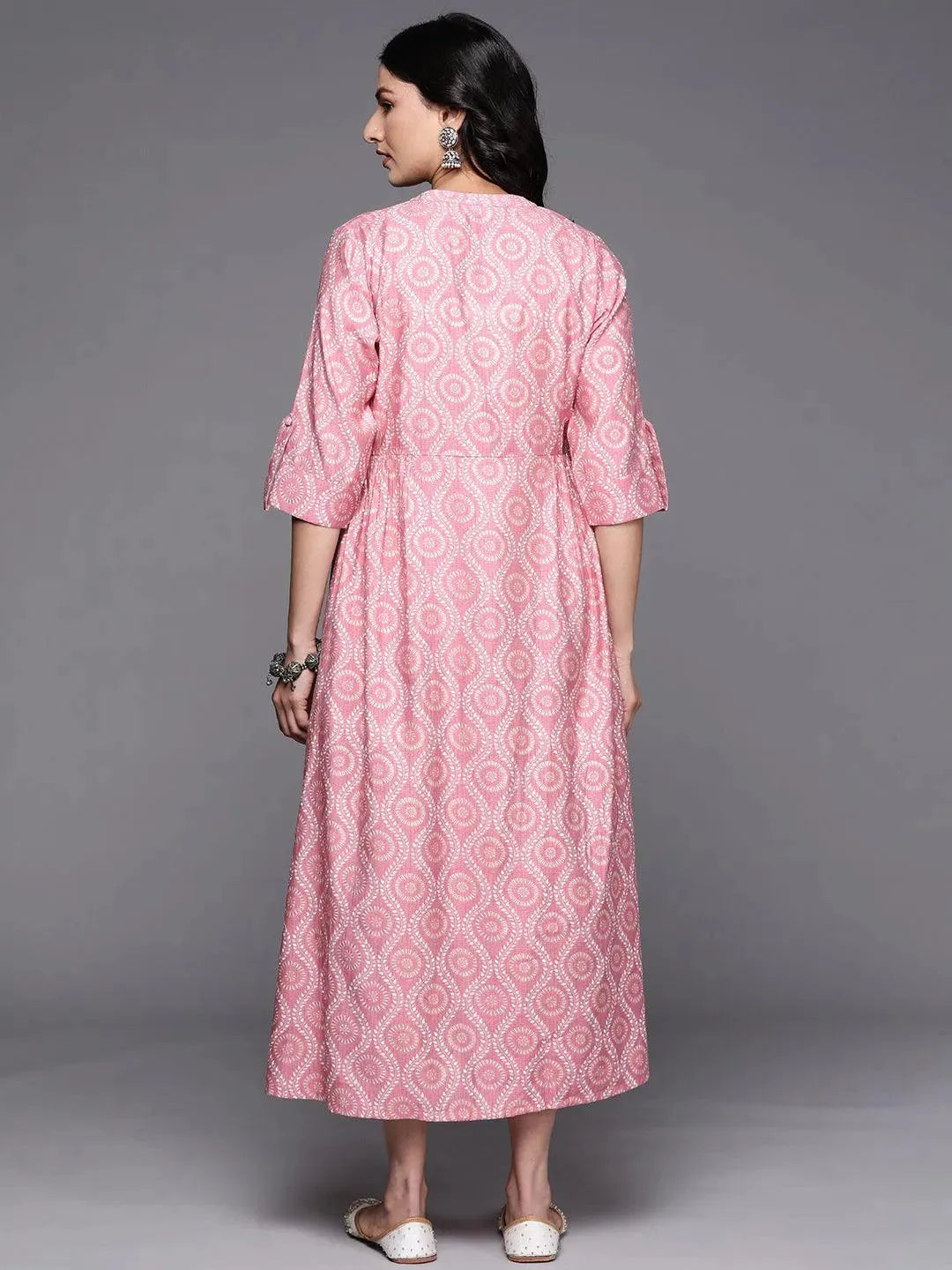 Pink Printed Silk Fit and Flare Dress - Libas