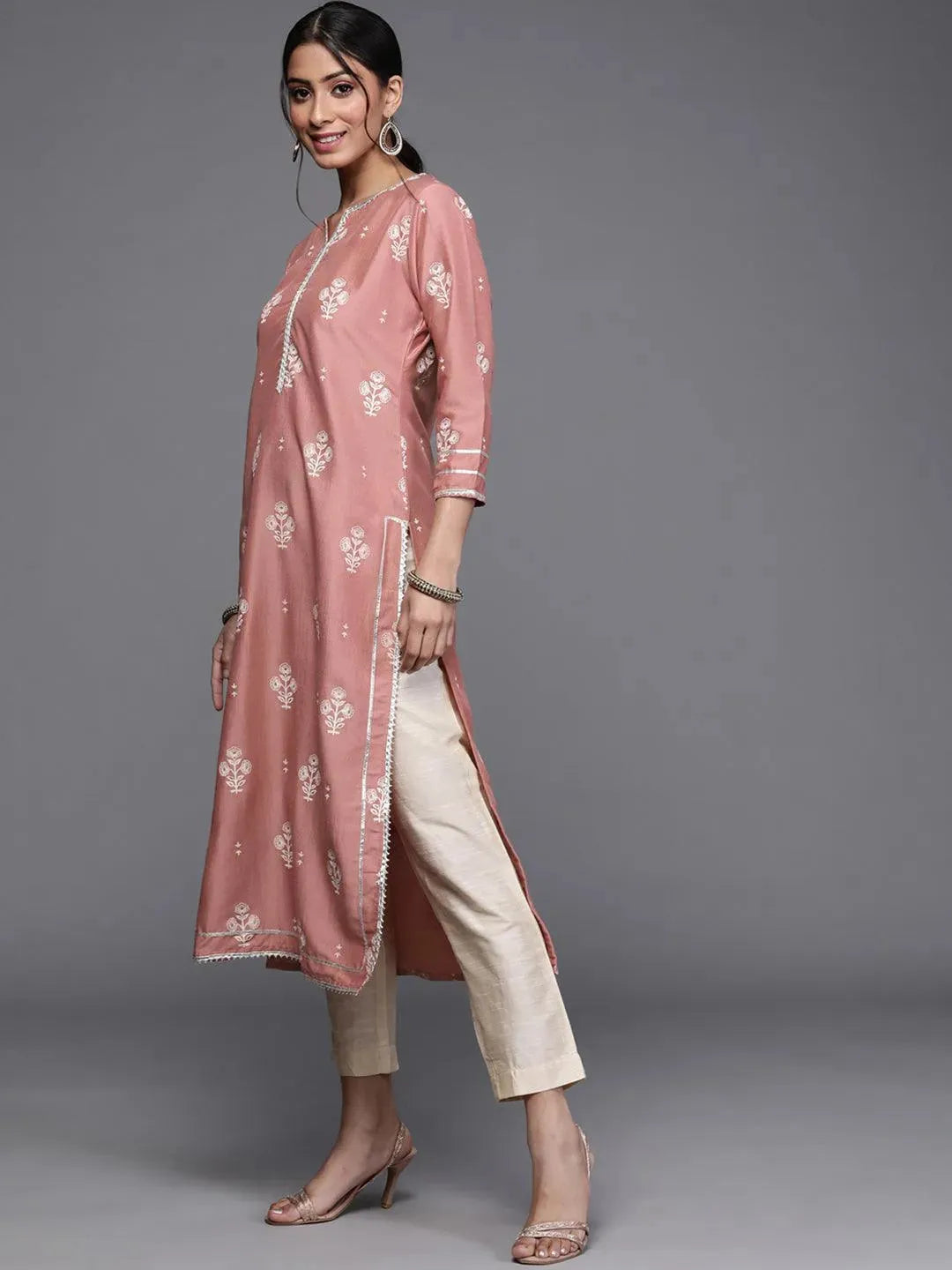 Pink Printed Silk Kurta - Libas