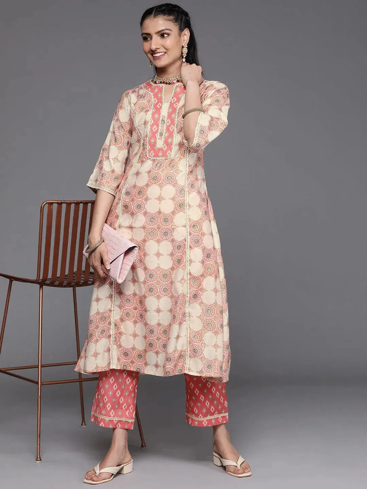 Pink Printed Silk Kurta - Libas