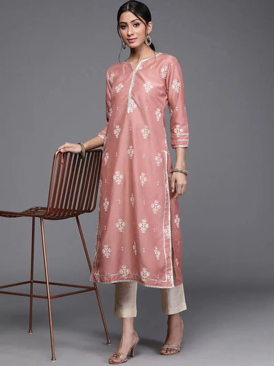 Pink Printed Silk Kurta - Libas