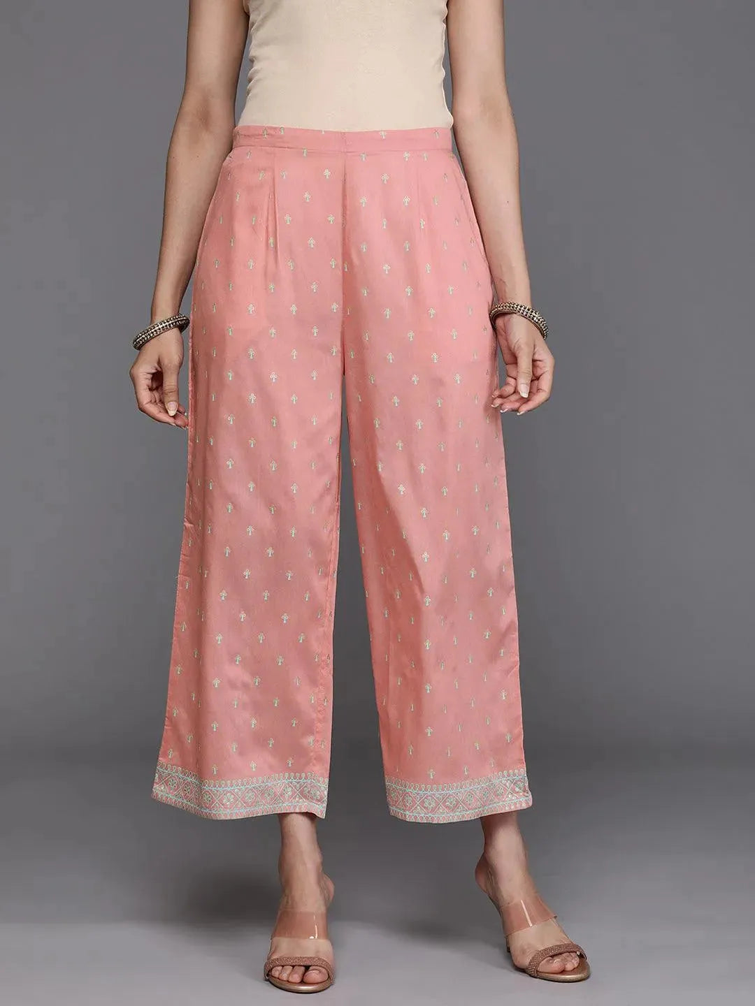 Pink Printed Silk Palazzos - Libas