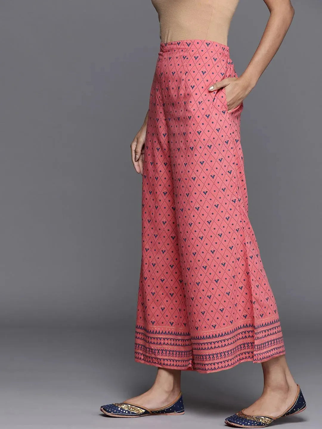 Pink Printed Silk Palazzos - Libas