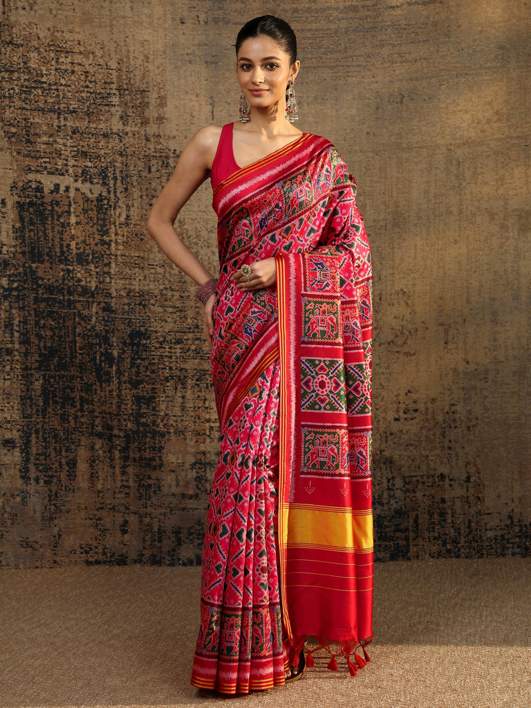 Libas Pink Printed Silk Saree With Unstitched Blouse Piece