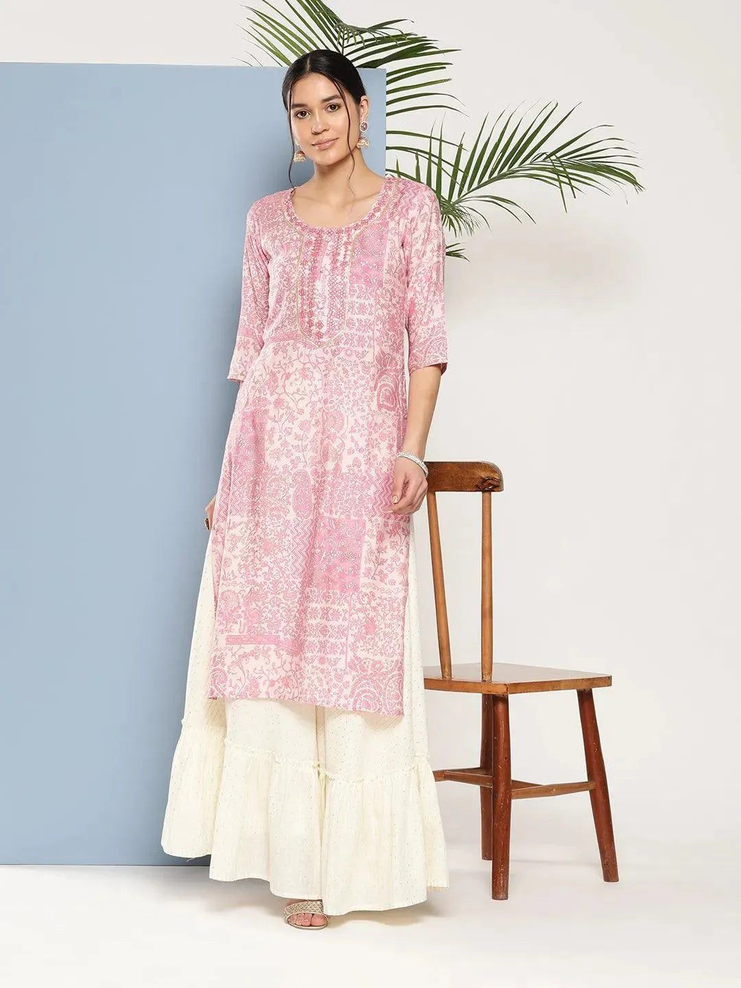 Pink Printed Silk Straight Kurta - Libas