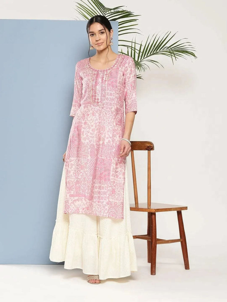 Libas Pink Printed Silk Straight Kurta