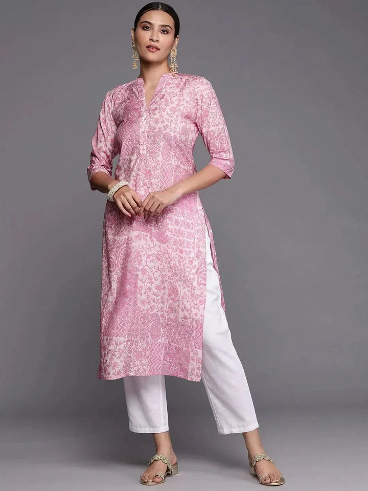 Pink Printed Silk Straight Kurta - Libas