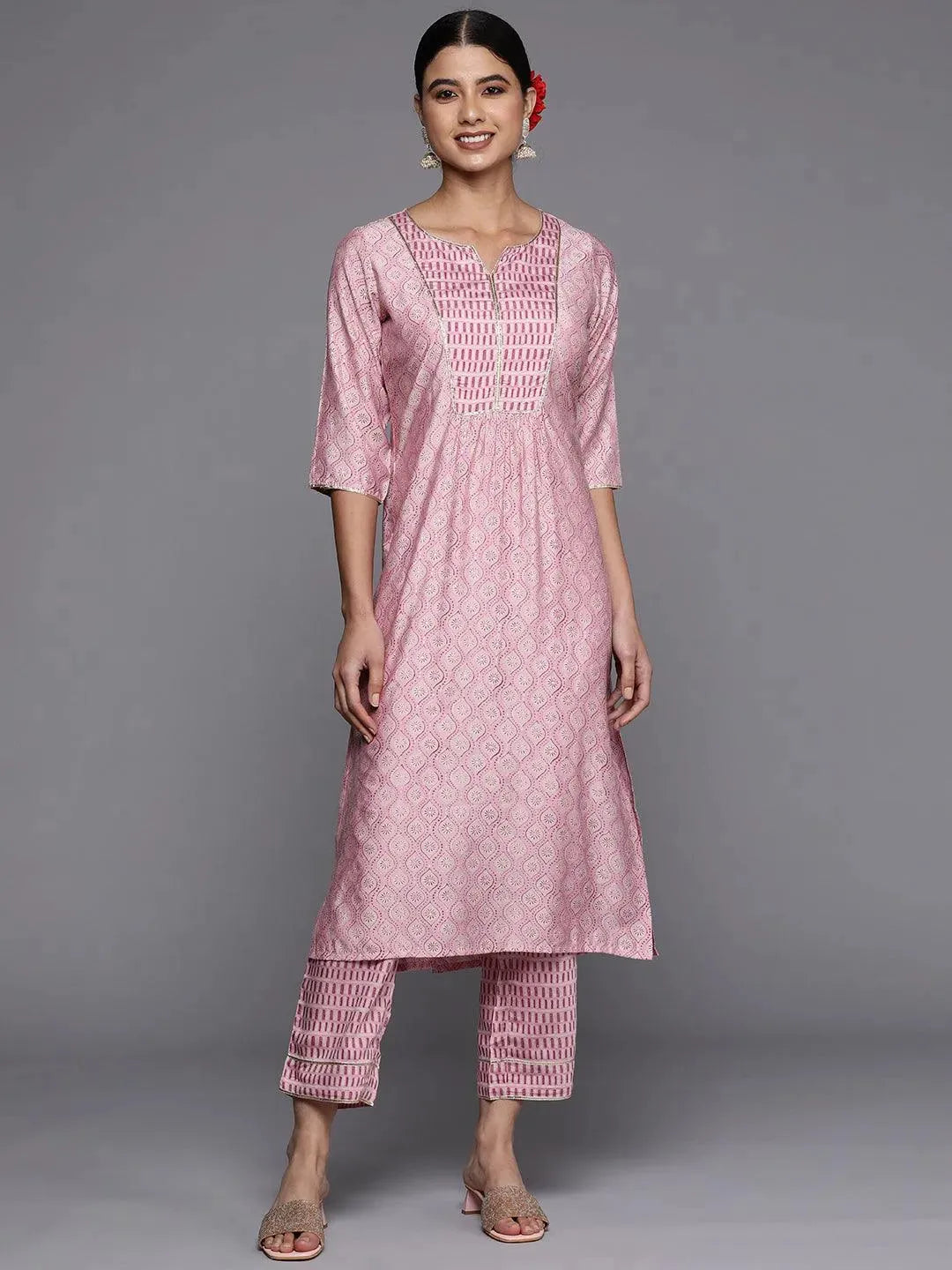 Pink Printed Silk Straight Kurta - Libas