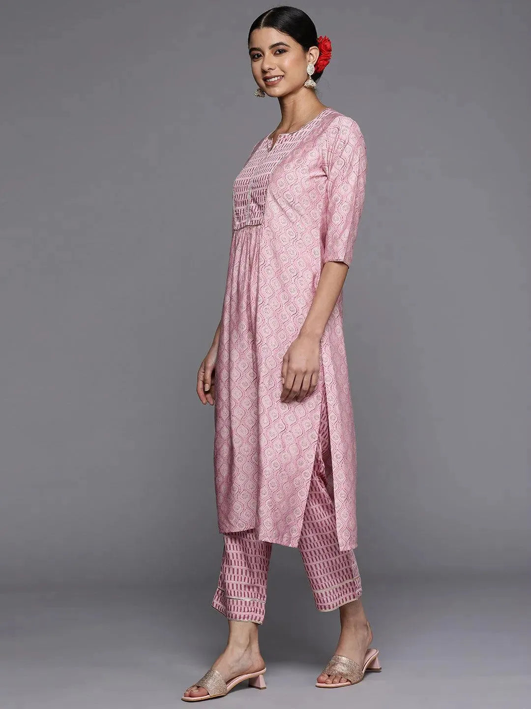 Pink Printed Silk Straight Kurta - Libas