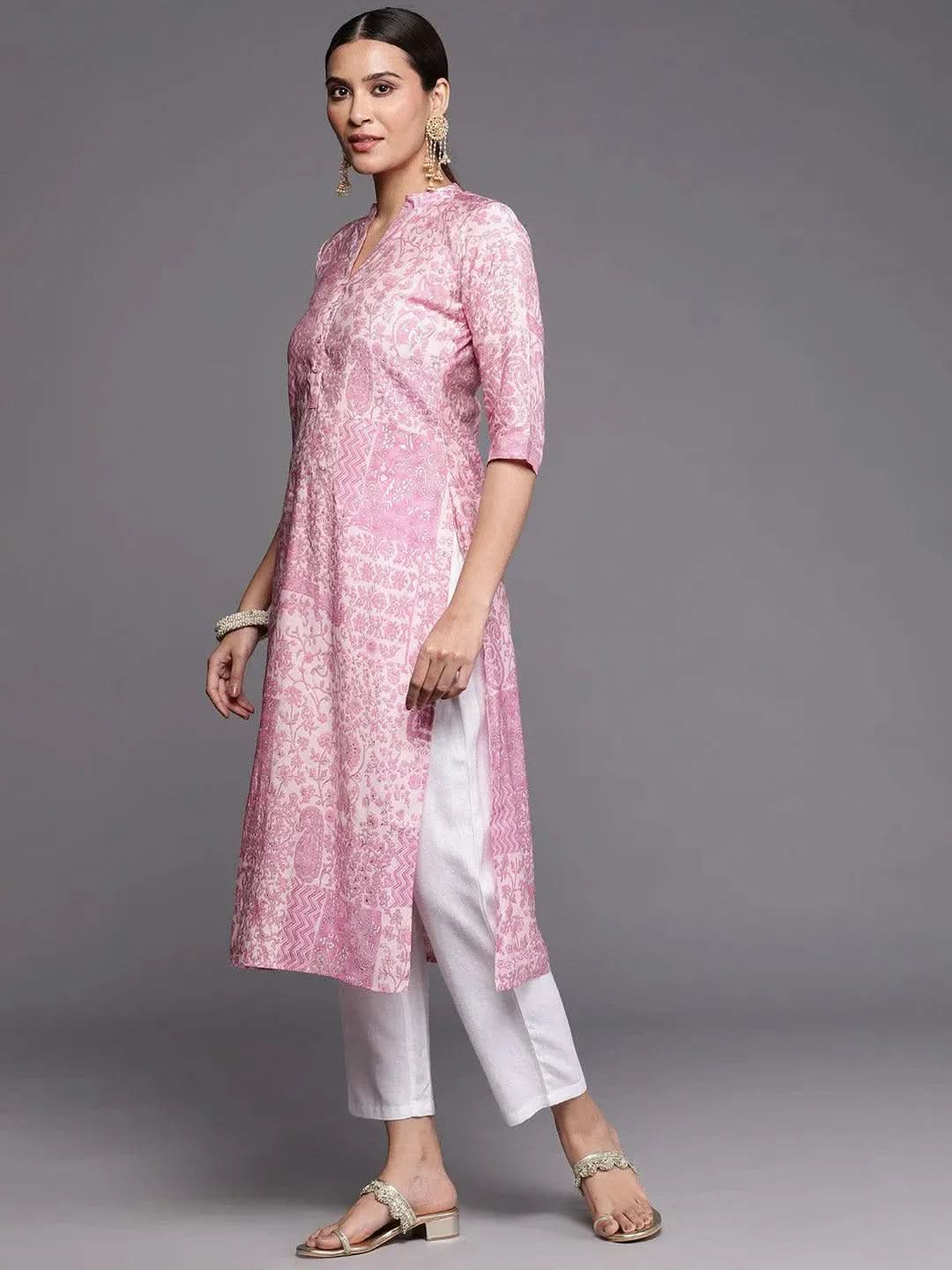 Pink Printed Silk Straight Kurta - Libas 