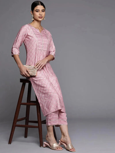 Pink Printed Silk Straight Kurta - Libas