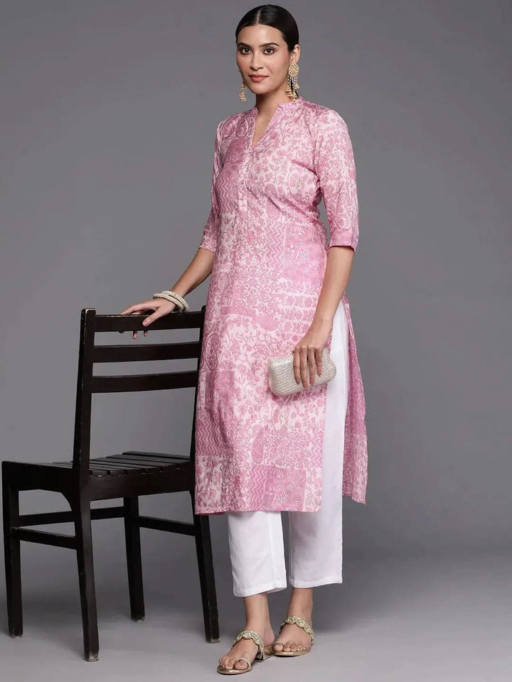 Pink Printed Silk Straight Kurta - Libas
