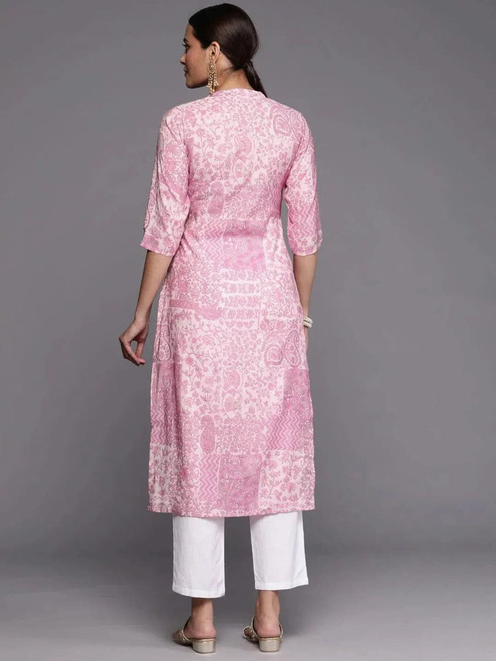 Pink Printed Silk Straight Kurta - Libas