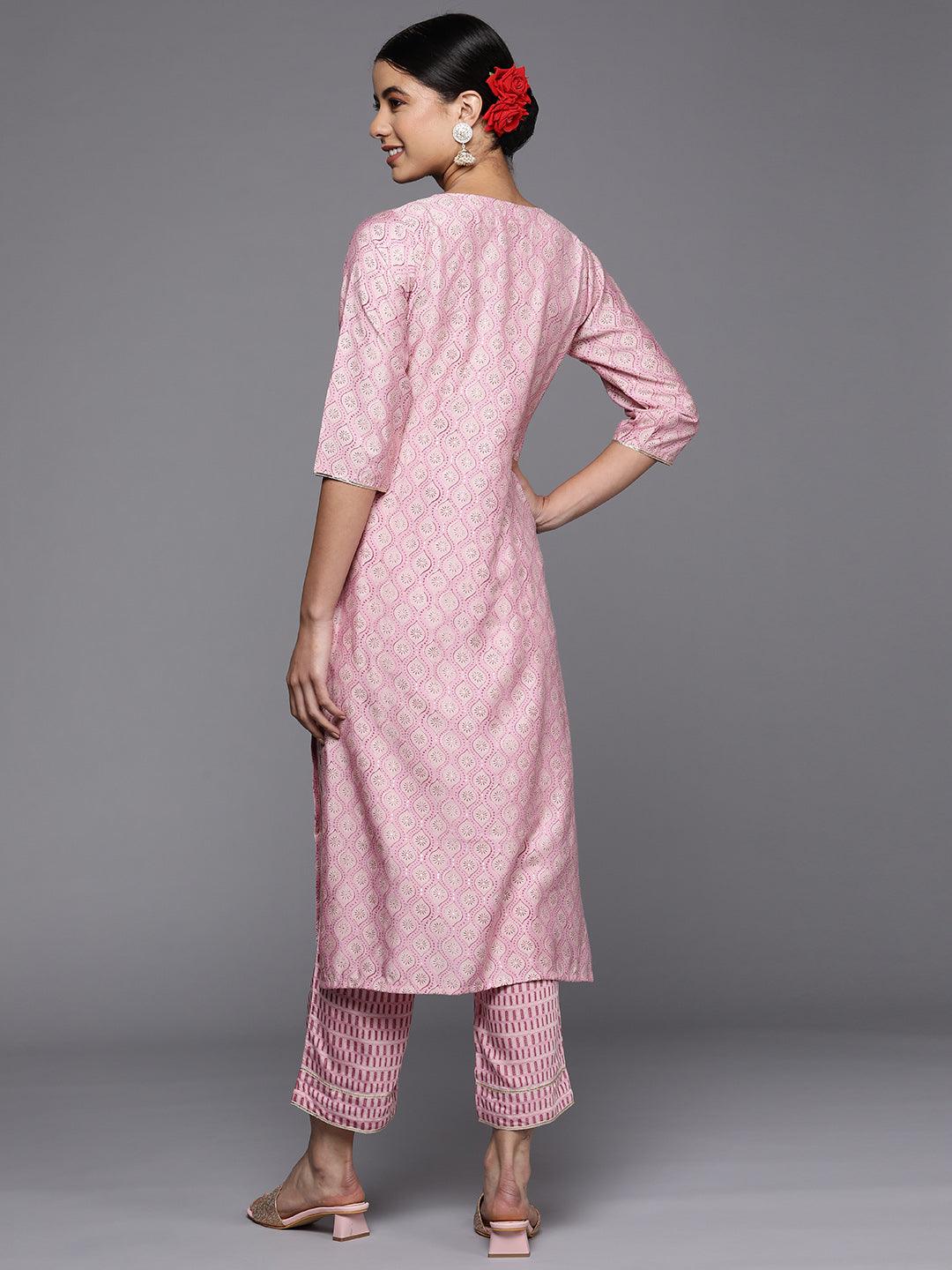 Pink Printed Silk Straight Kurta